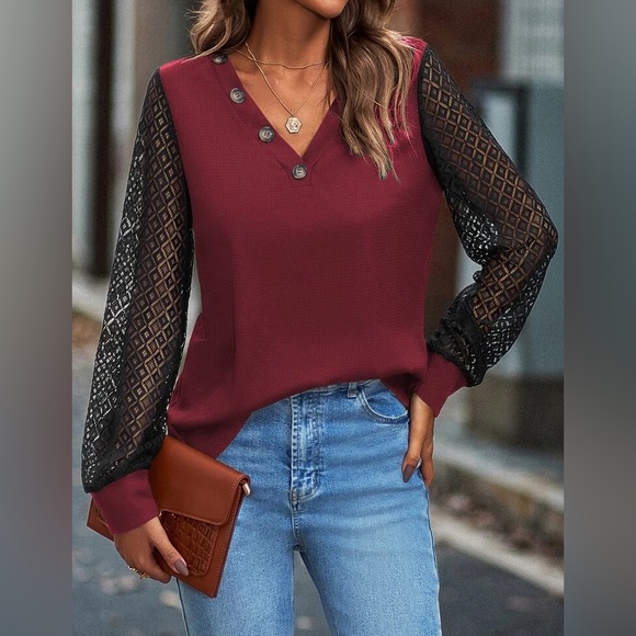 💖 NEW!! Burgundy Lace Sleeve Blouse - Picture 3 of 10